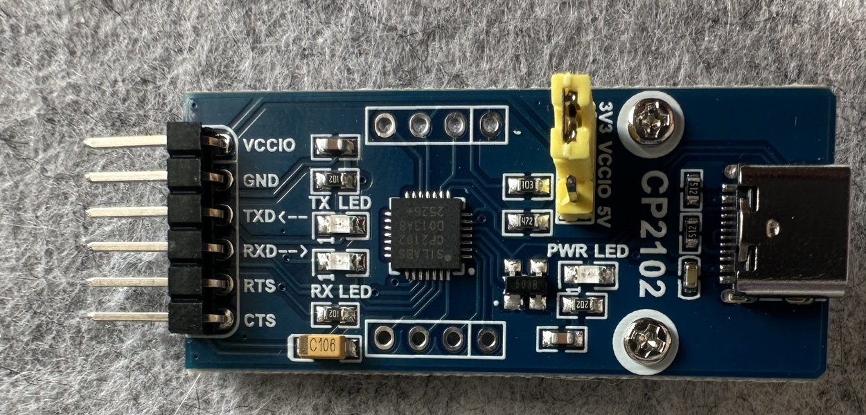 Waveshare CP2102 USB-TTL UART adapter with the VCCIO jumper set for 3.3 volt logic