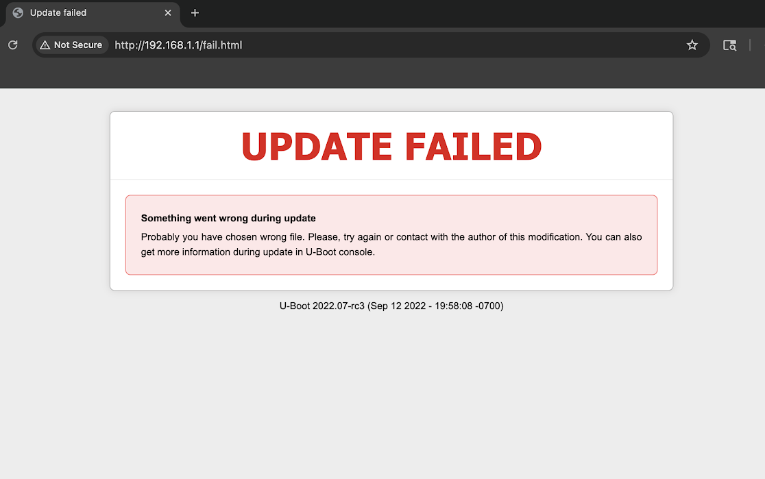 U-Boot recovery page showing UPDATE FAILED after the firmware update attempt