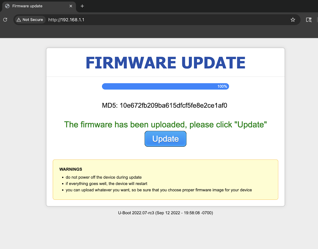 U-Boot recovery page showing the firmware image uploaded and ready for update