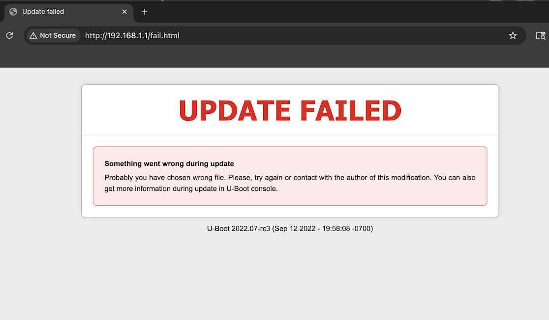 U-Boot recovery page showing UPDATE FAILED after the U-Boot update attempt