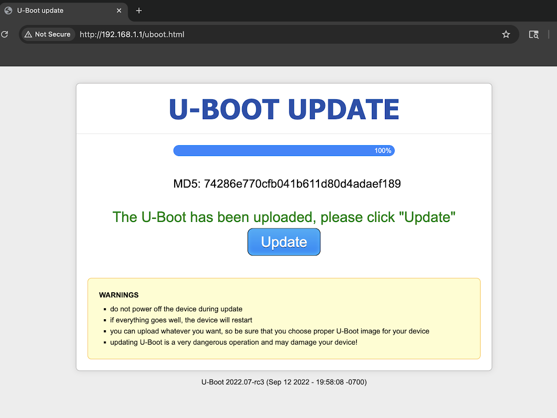 U-Boot recovery page showing the U-Boot image uploaded and ready for update